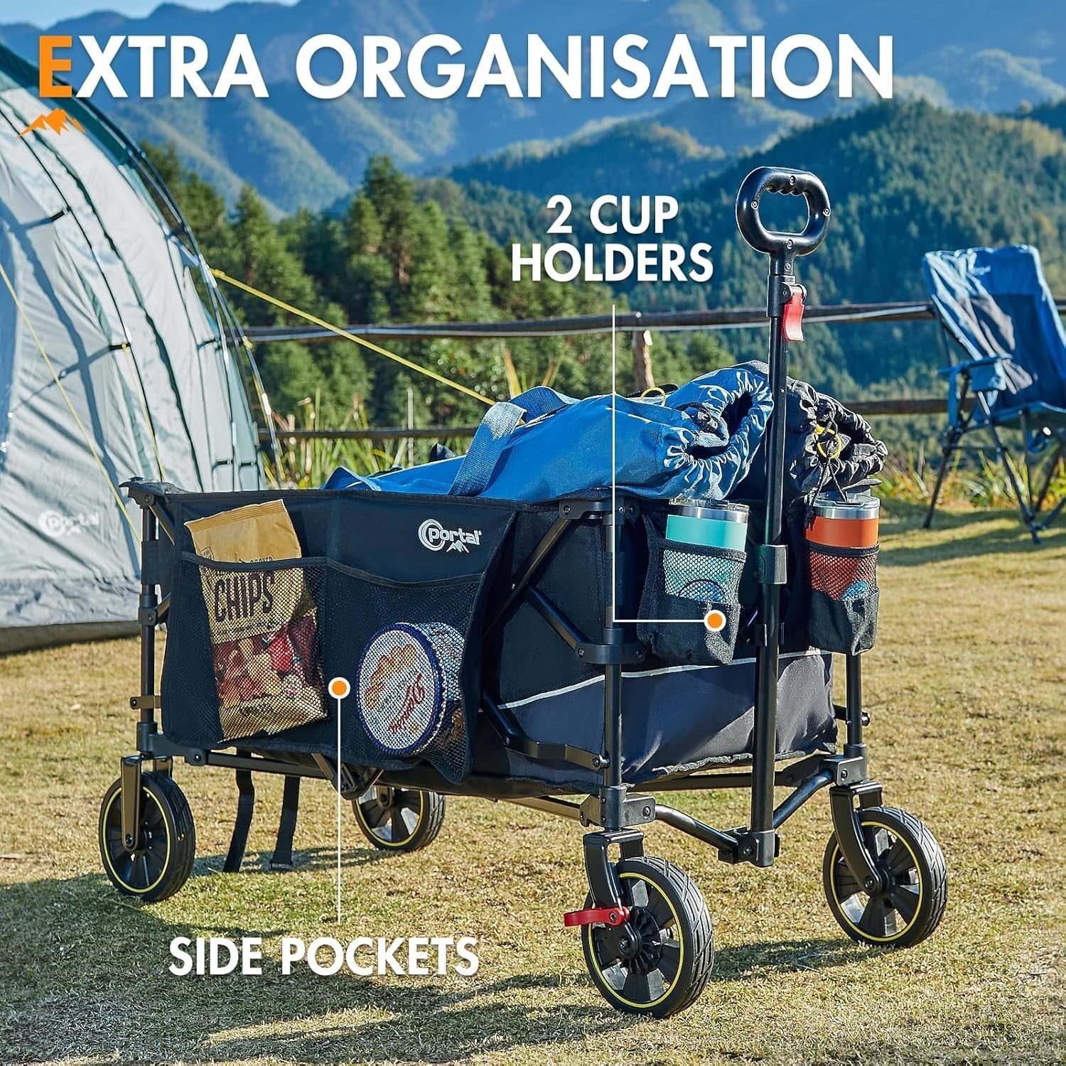 Black 200L Folding Festival Trolley Heavy Duty Camping Beach Wagon w/ Brakes