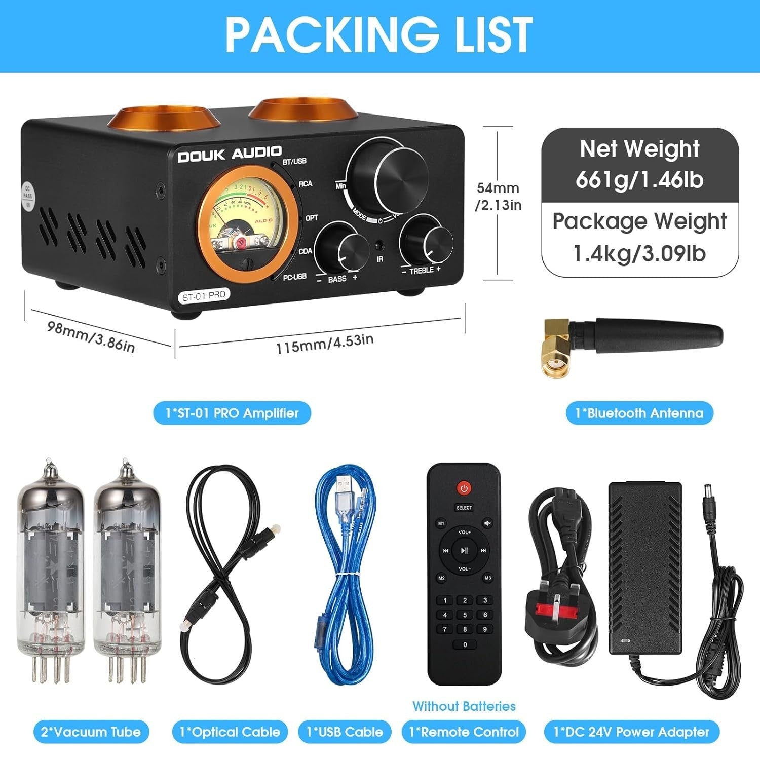200W Mini Tube Bluetooth HiFi Amplifier VU Meter Stereo DAC USB OPT
