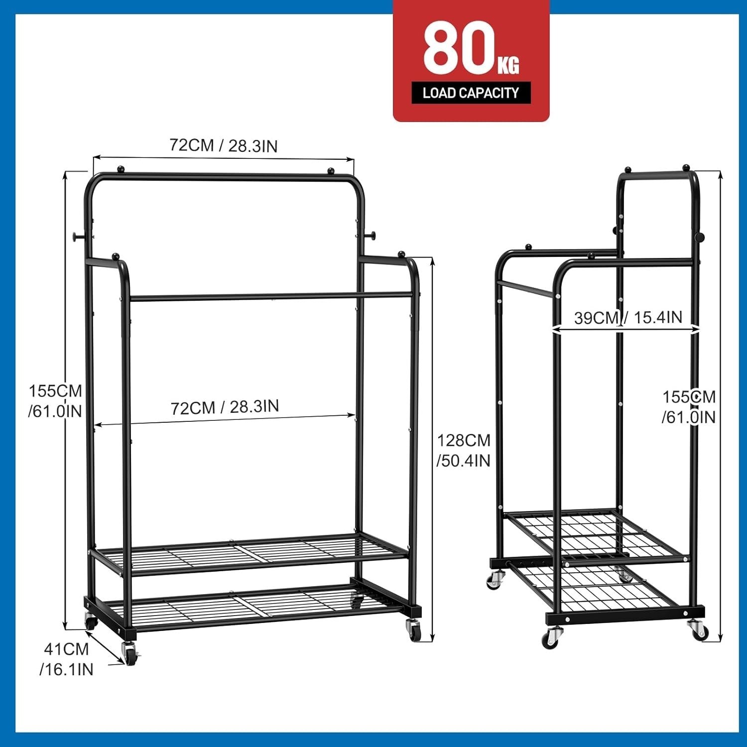 Heavy Duty Double Rod Clothes Rail with Wheels – Black 155cm