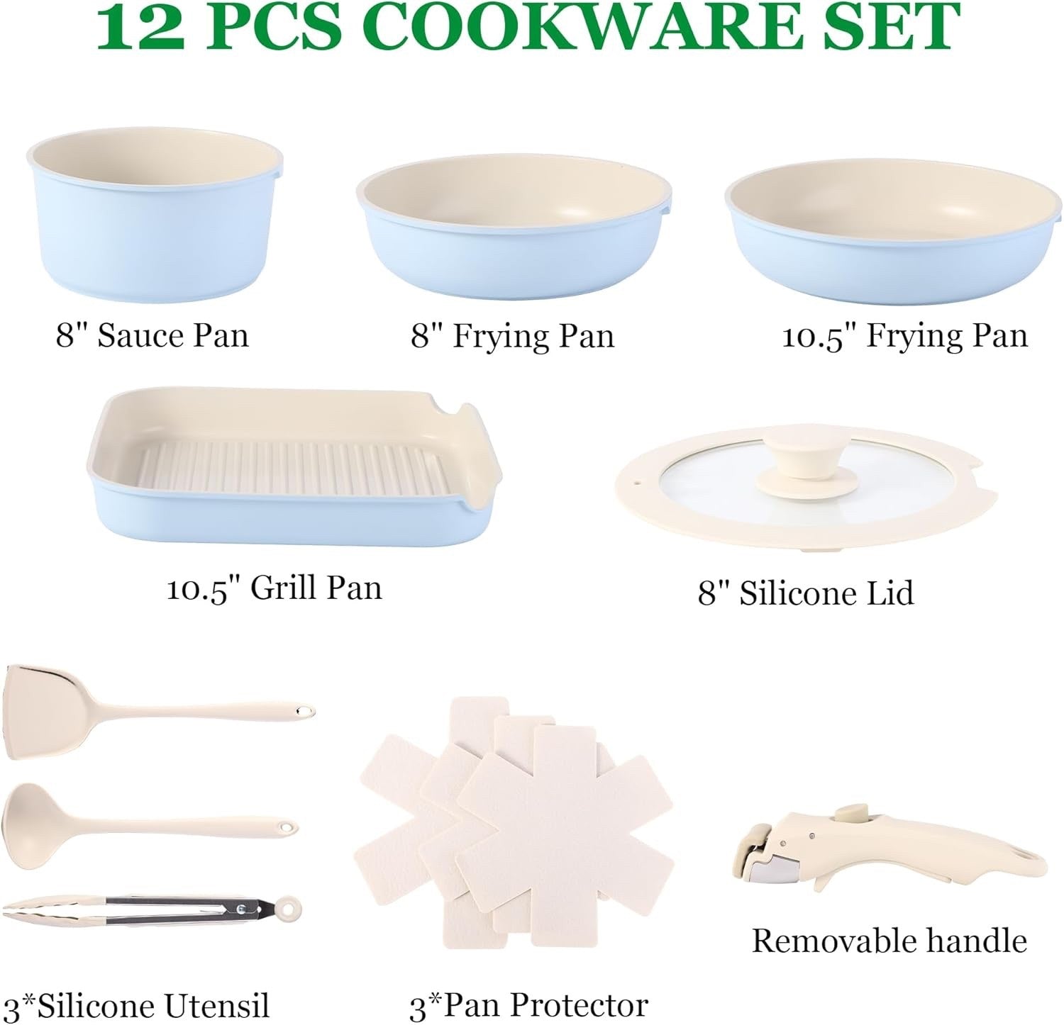 12pcs Blue Non Stick Cookware Set with Detachable Handle Induction Oven Safe