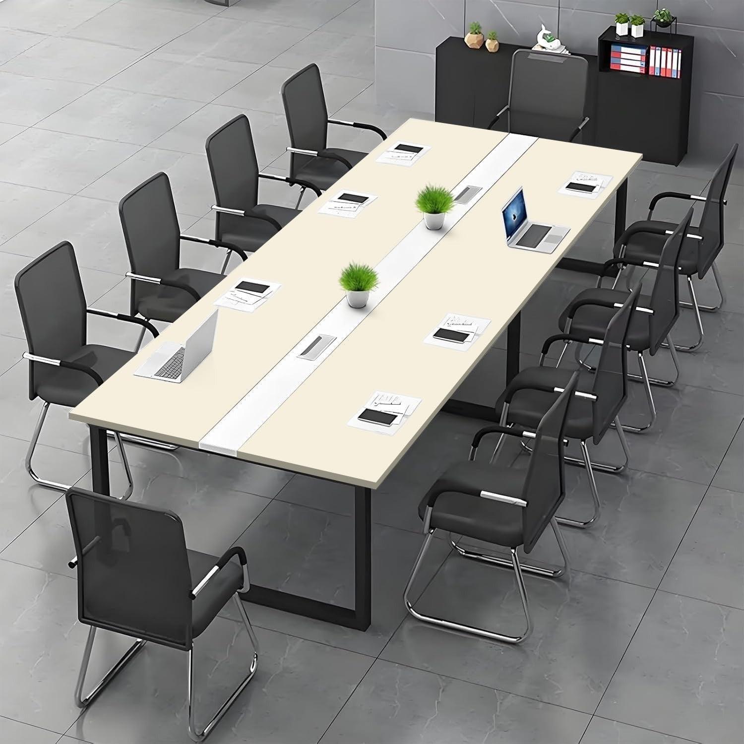 180x60cm Beige/White Office Meeting Table w/ Cable Ports + Adjustable Feet