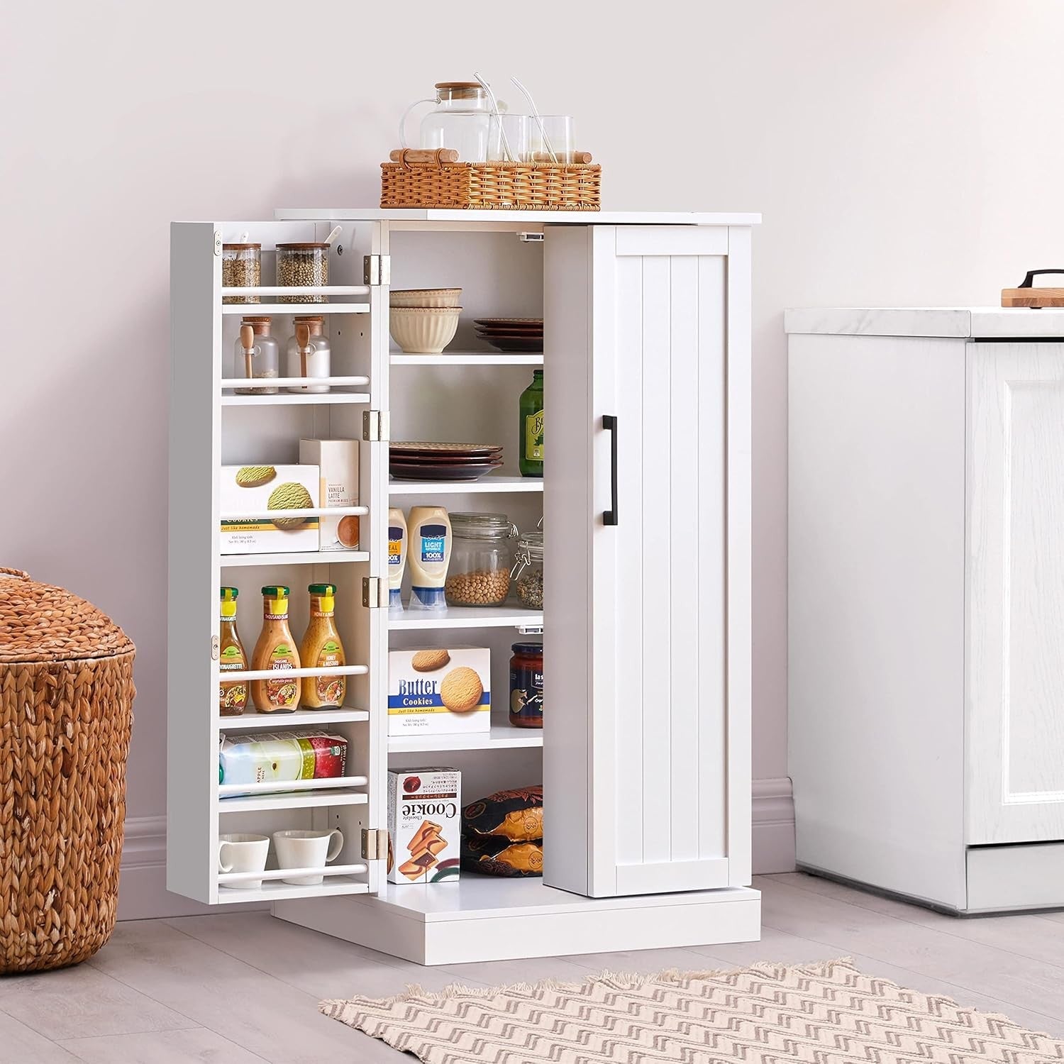 White Kitchen Cupboard 6 Shelf Freestanding Wooden Pantry Storage Unit