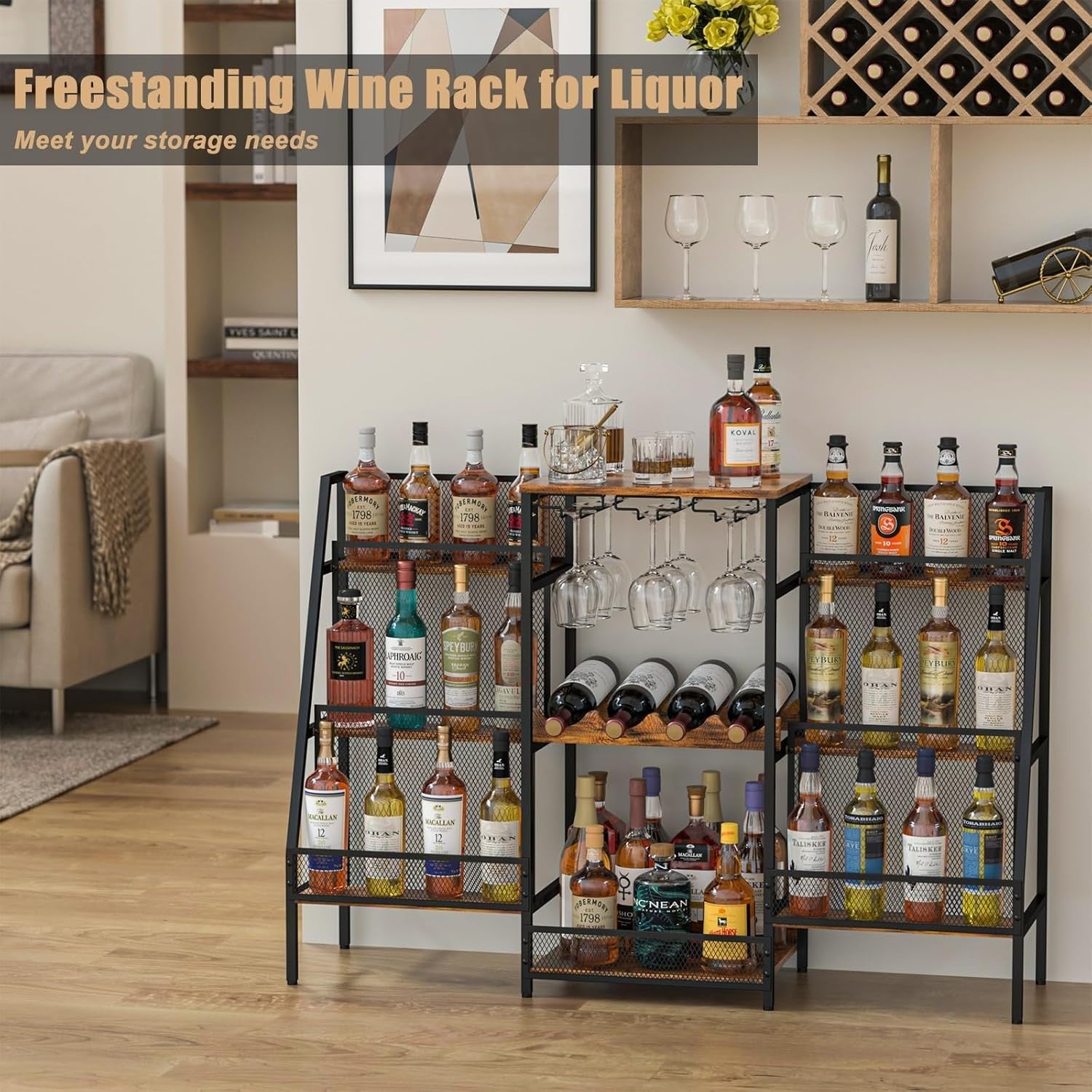 Freestanding Bar Stand with Glass Holder, 6-Tier Liquor Display Shelf Vintage