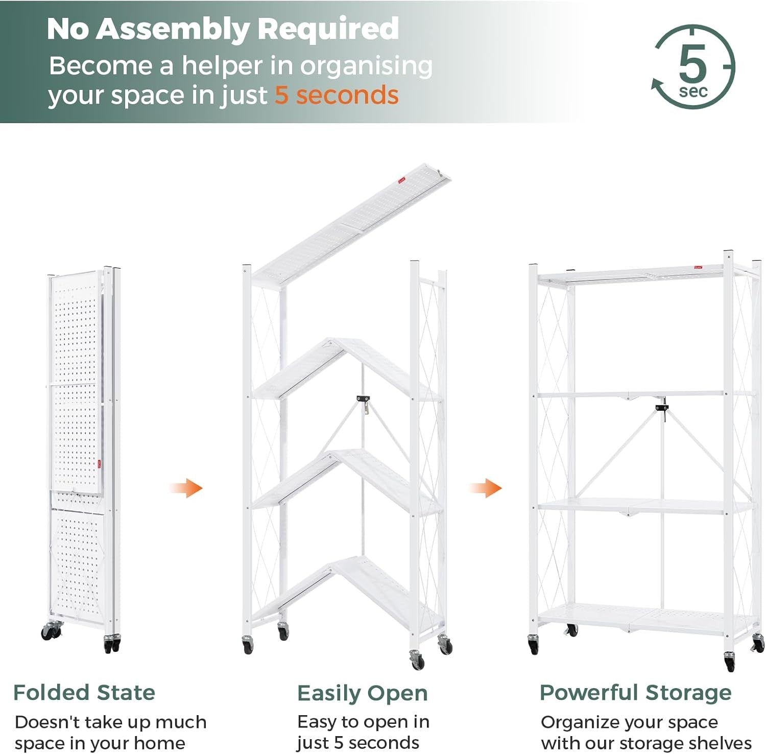 4 Tier Folding Storage Shelving Unit on Wheels Metal Rack Pantry Kitchen