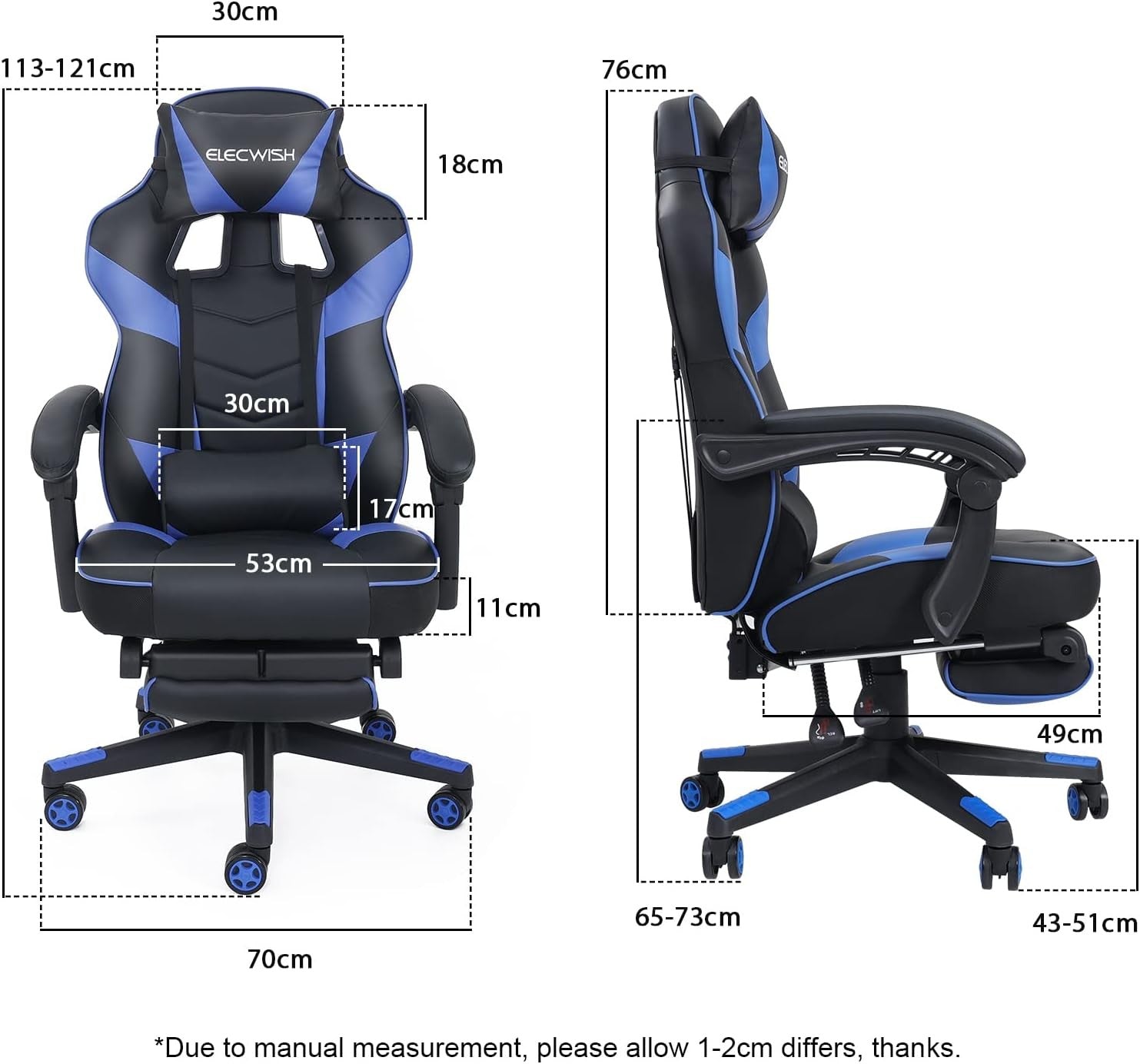 Gaming Chair with Massage & Footrest Reclining Ergonomic Blue