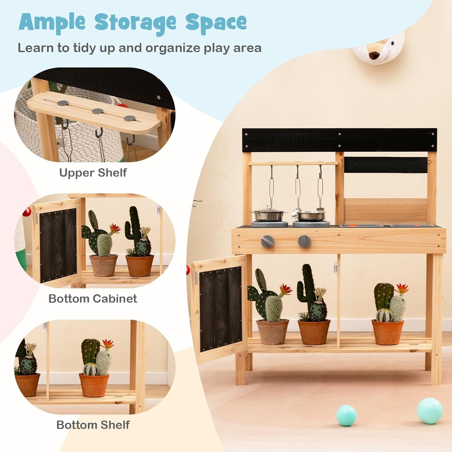 Outdoor Wooden Mud Kitchen Kids Playset w/ Sinks Stoves Accessories