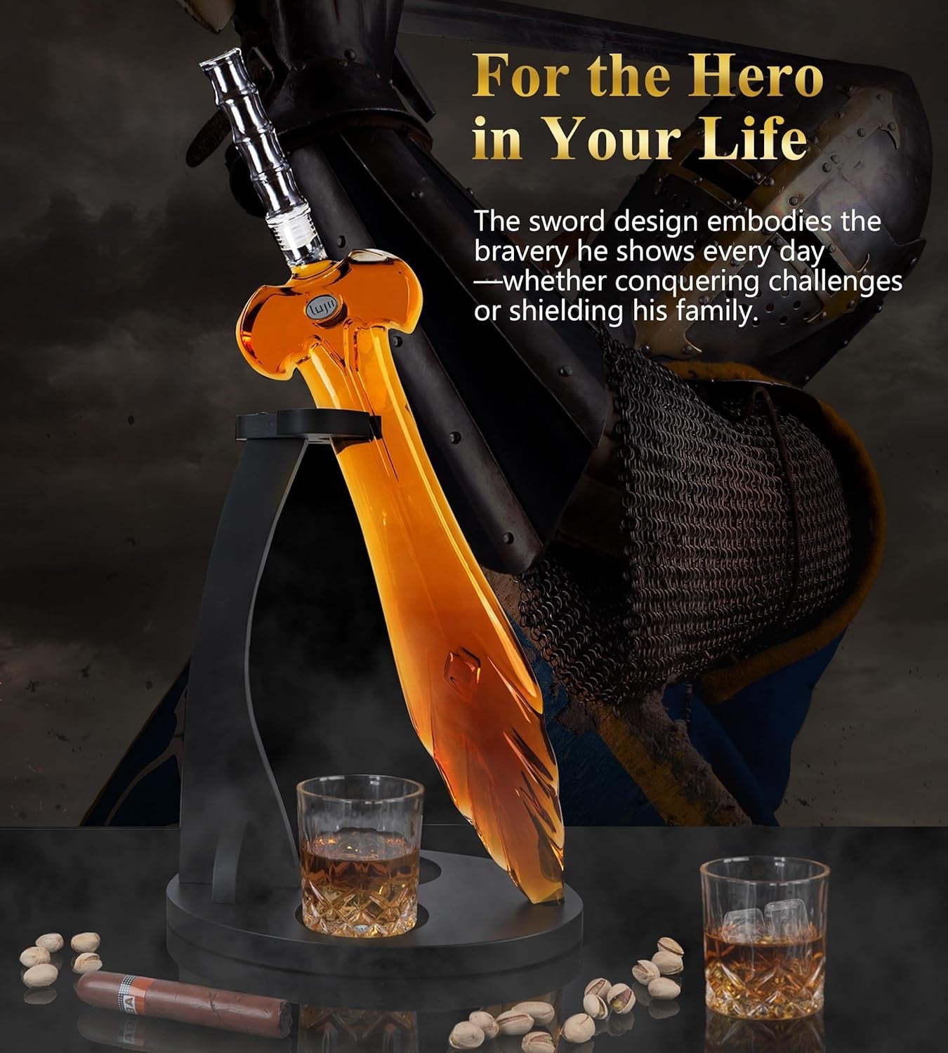 850ml Sword Whiskey Decanter Set with 2 Glasses Wooden Stand Unique Bar Gift