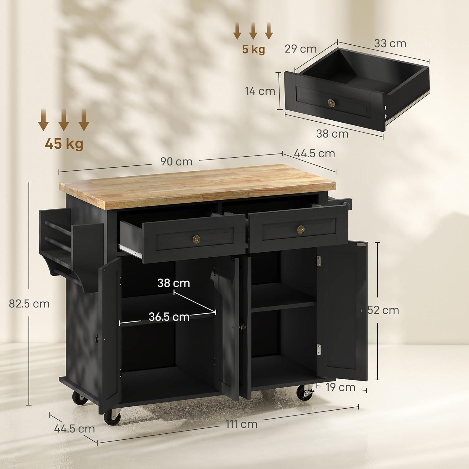 Kitchen Island Trolley on Wheels Storage Cabinet Drawers Shelves Solid Wood