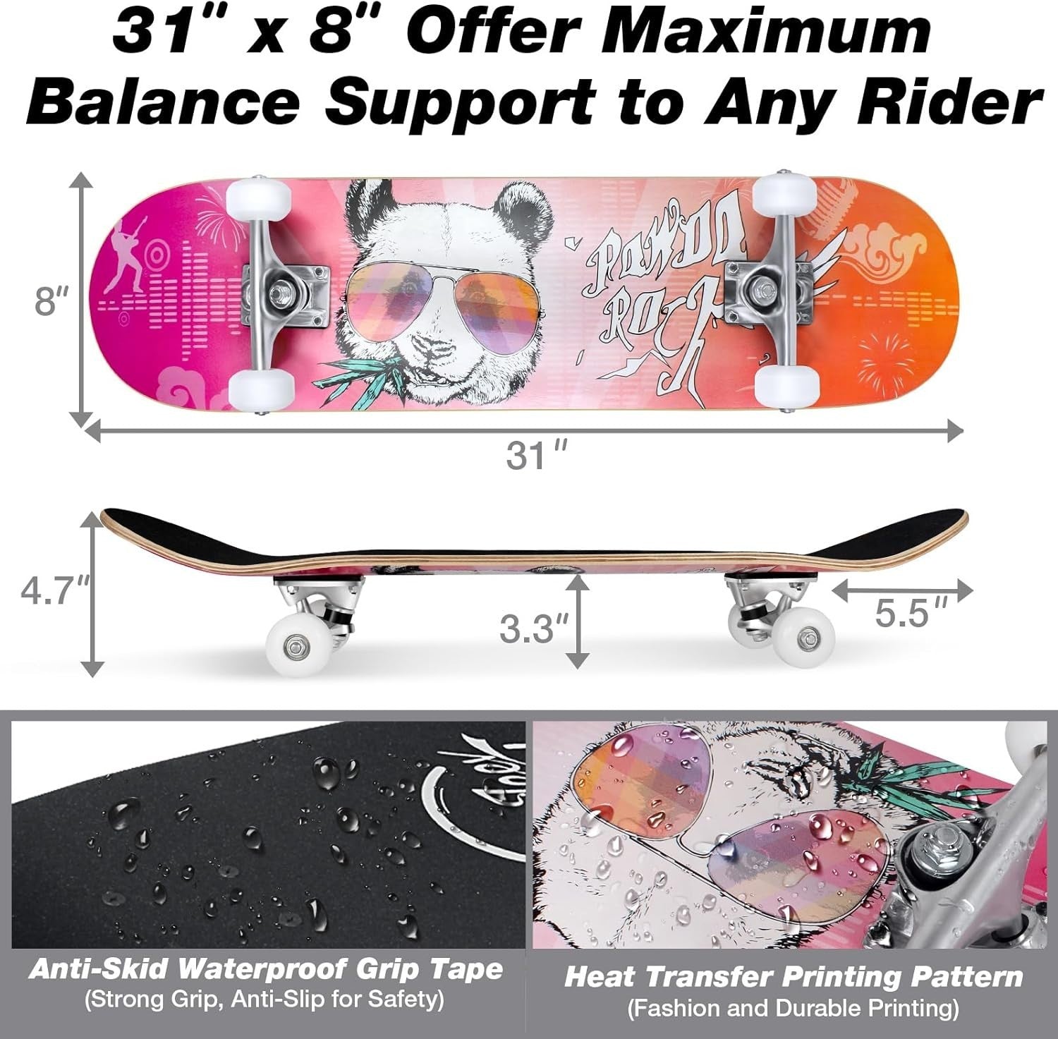 31x8 Maple Complete Skateboard Double Kick Kids Teens Adult Orange