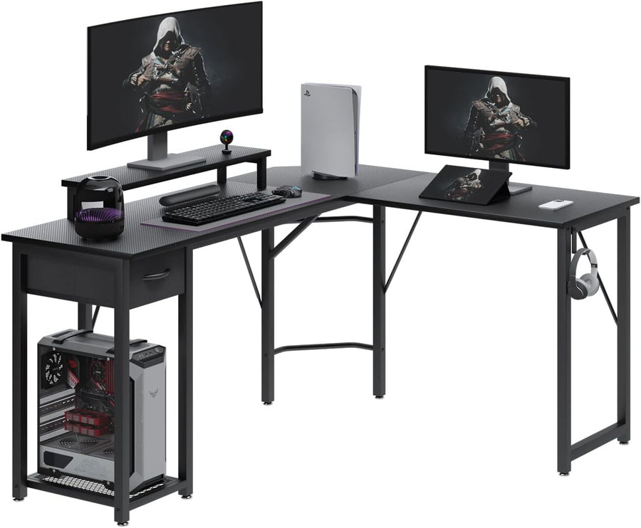 L Shaped Computer Desk Corner Gaming Table Monitor Stand Drawer Shelf
