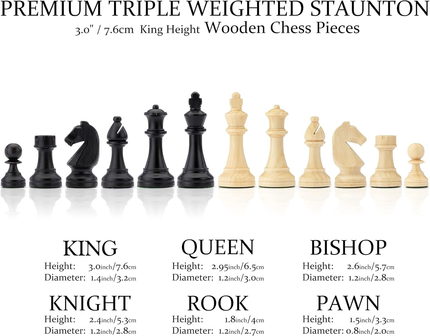 15" Walnut Wooden Chess Set w/ Storage Drawer & 3" Weighted Pieces