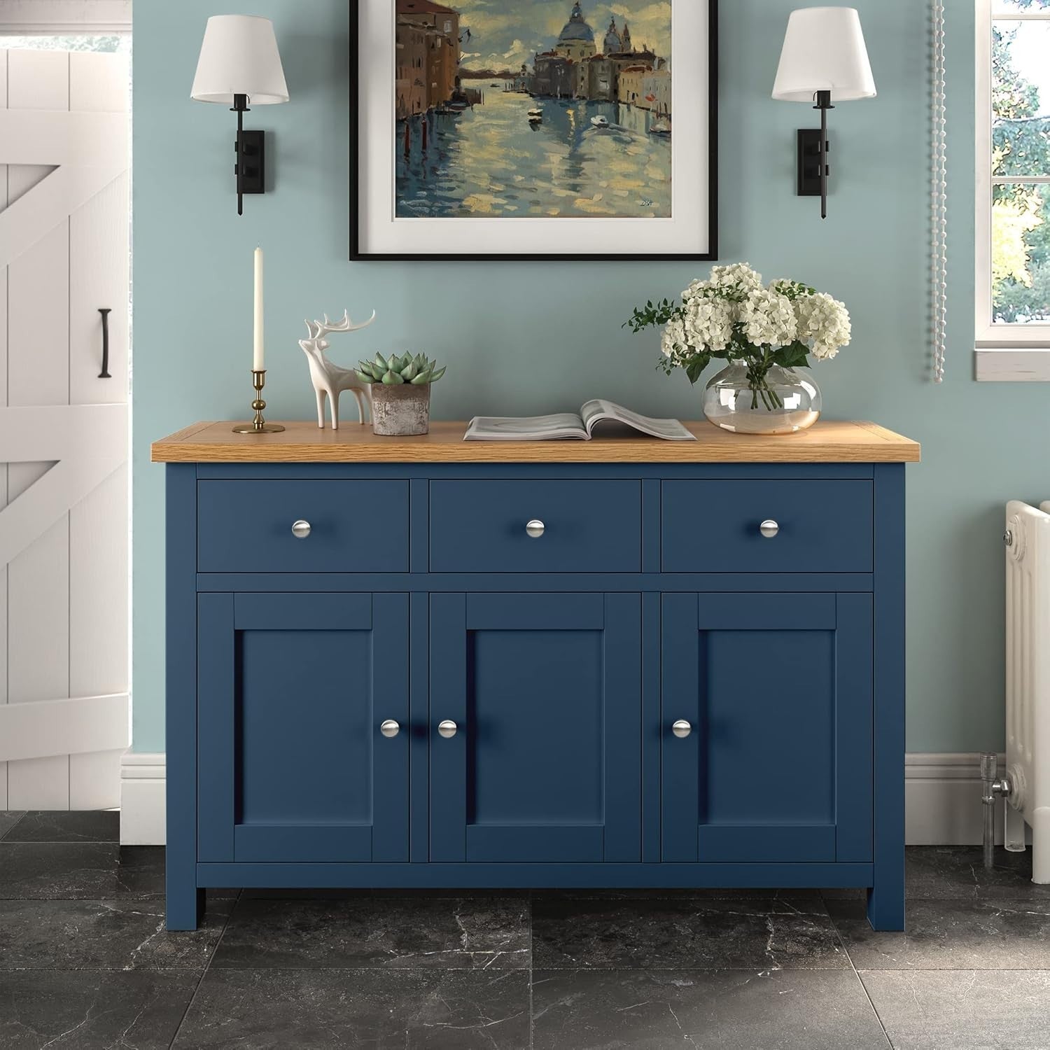Navy Blue Sideboard Oak Top 3 Drawer Cupboard Cabinet for Living Room
