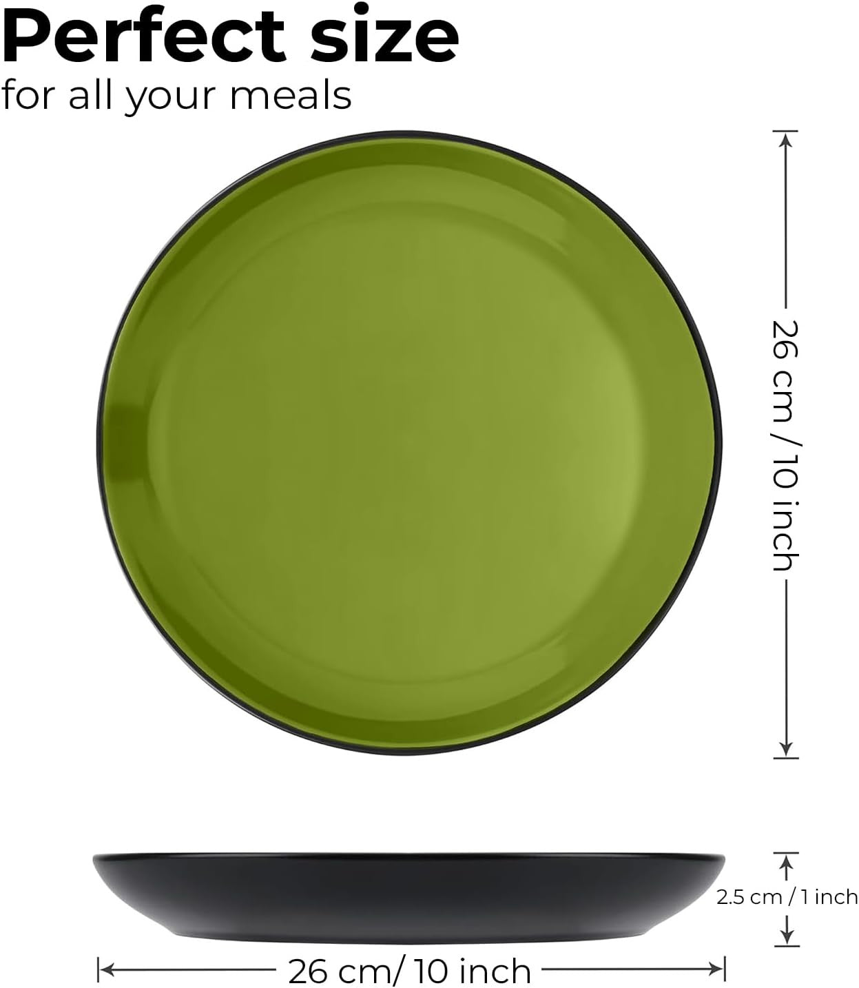6x Dinner Plates Ceramic Stoneware 26cm Green Large Plates Modern Tableware