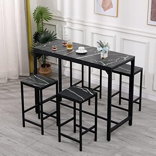 5 Piece Bar Table Set with 4 Stools Marble Effect Kitchen Dining Set