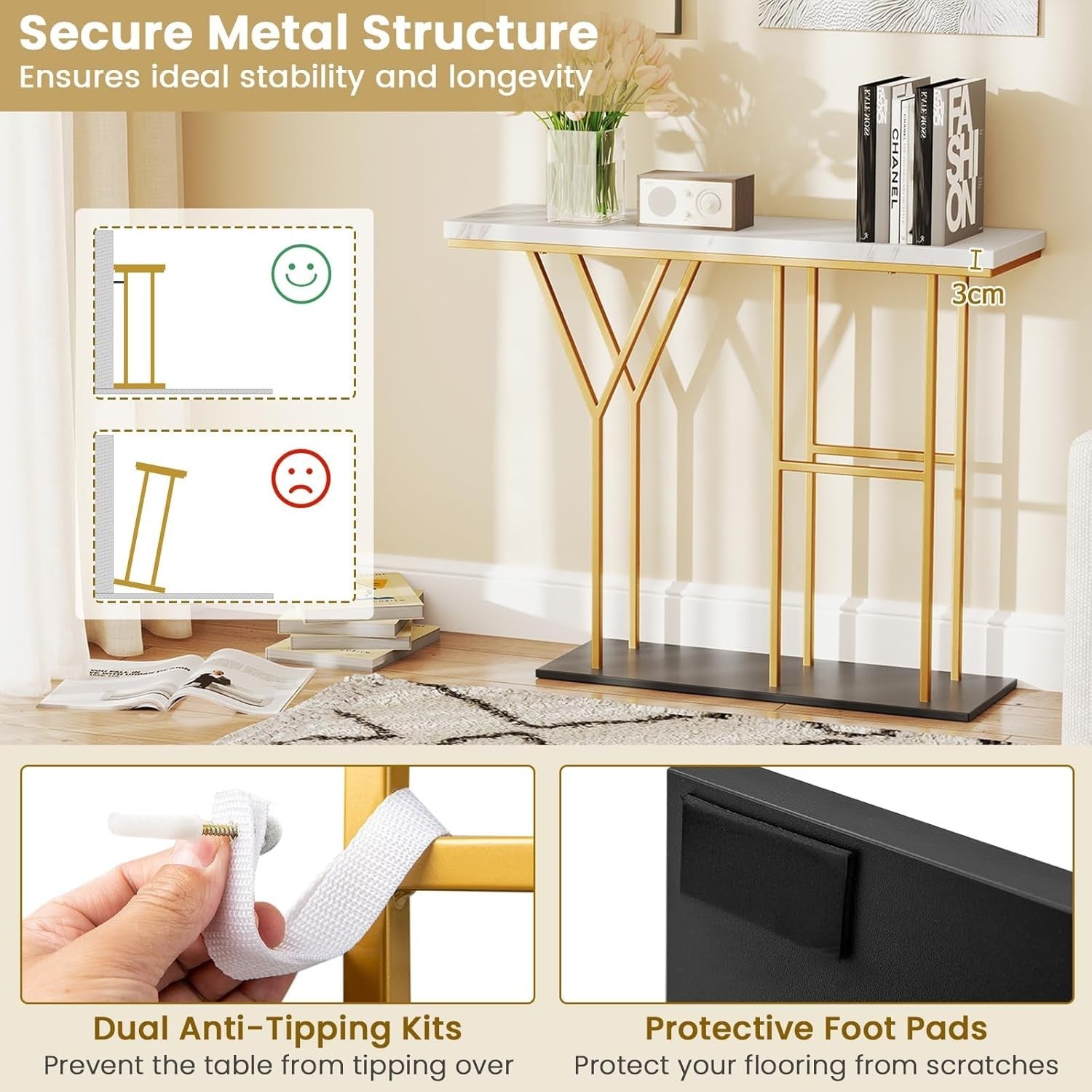Slim Console Table Faux Marble Hallway Desk | Gold Frame, 2 Tier Storage