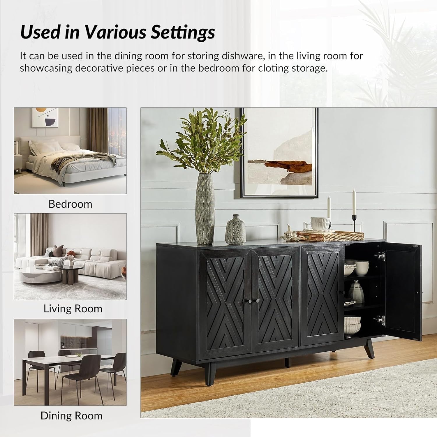 Black Chevron Sideboard Cabinet Solid Wood Legs Adjustable Shelves Storage