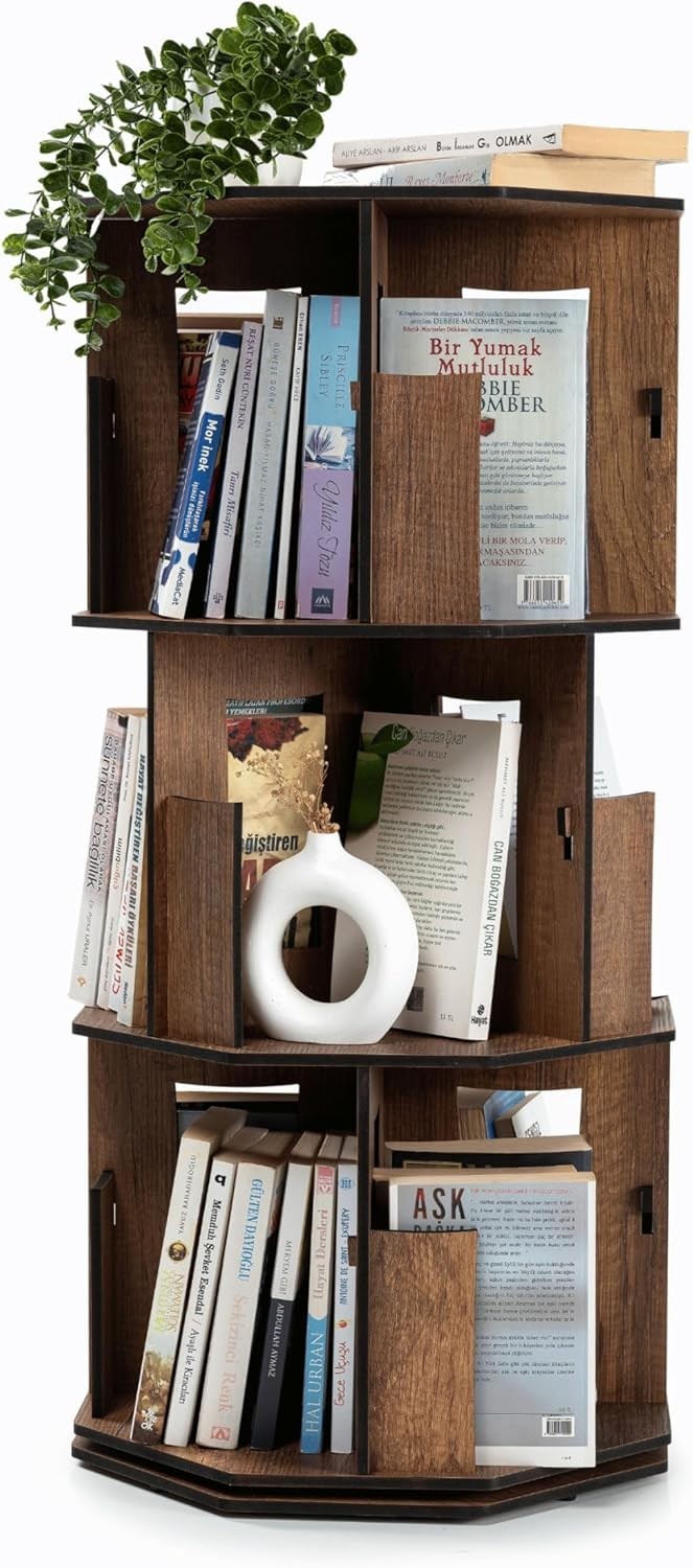 3 Tier Rotating Kids Bookshelf Walnut Corner Shelf Wooden Storage Organizer