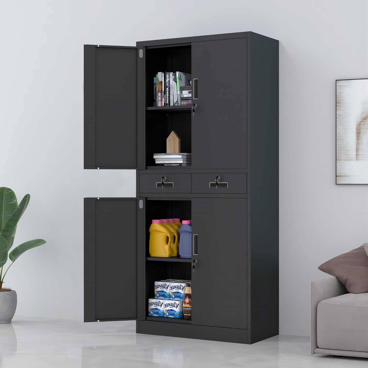 Tall Metal Storage Cupboard with Lock Doors Drawers Adjustable Shelves Black