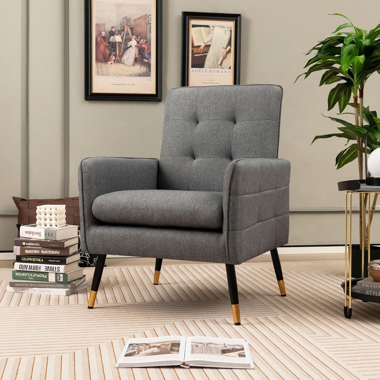 Comfy Grey Linen Accent Chair, Modern Tufted Sofa Chair with Metal Legs