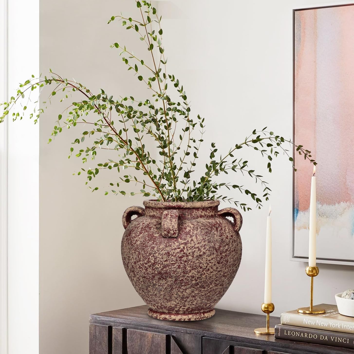 Rustic Ceramic Vase with Handles Farmhouse Table Centrepiece Decor