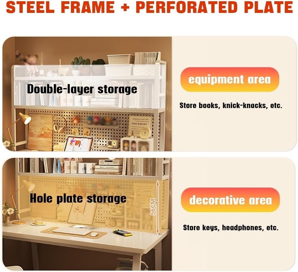 White 2-Tier Desk Organizer Shelf w/ Pegboard | Metal Desktop Rack 75x20x98cm