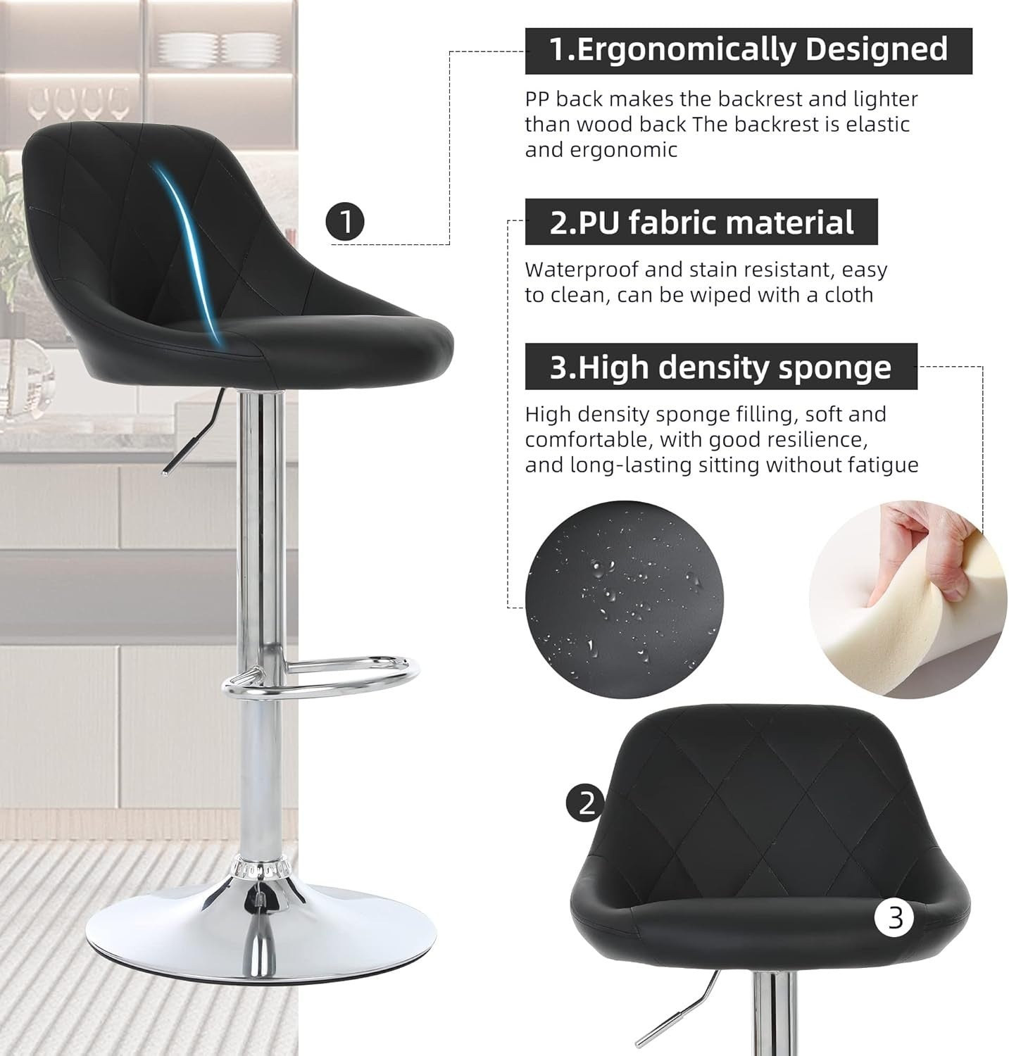 Set of 2 Adjustable Swivel Bar Stools –DM931 Black L-Shape