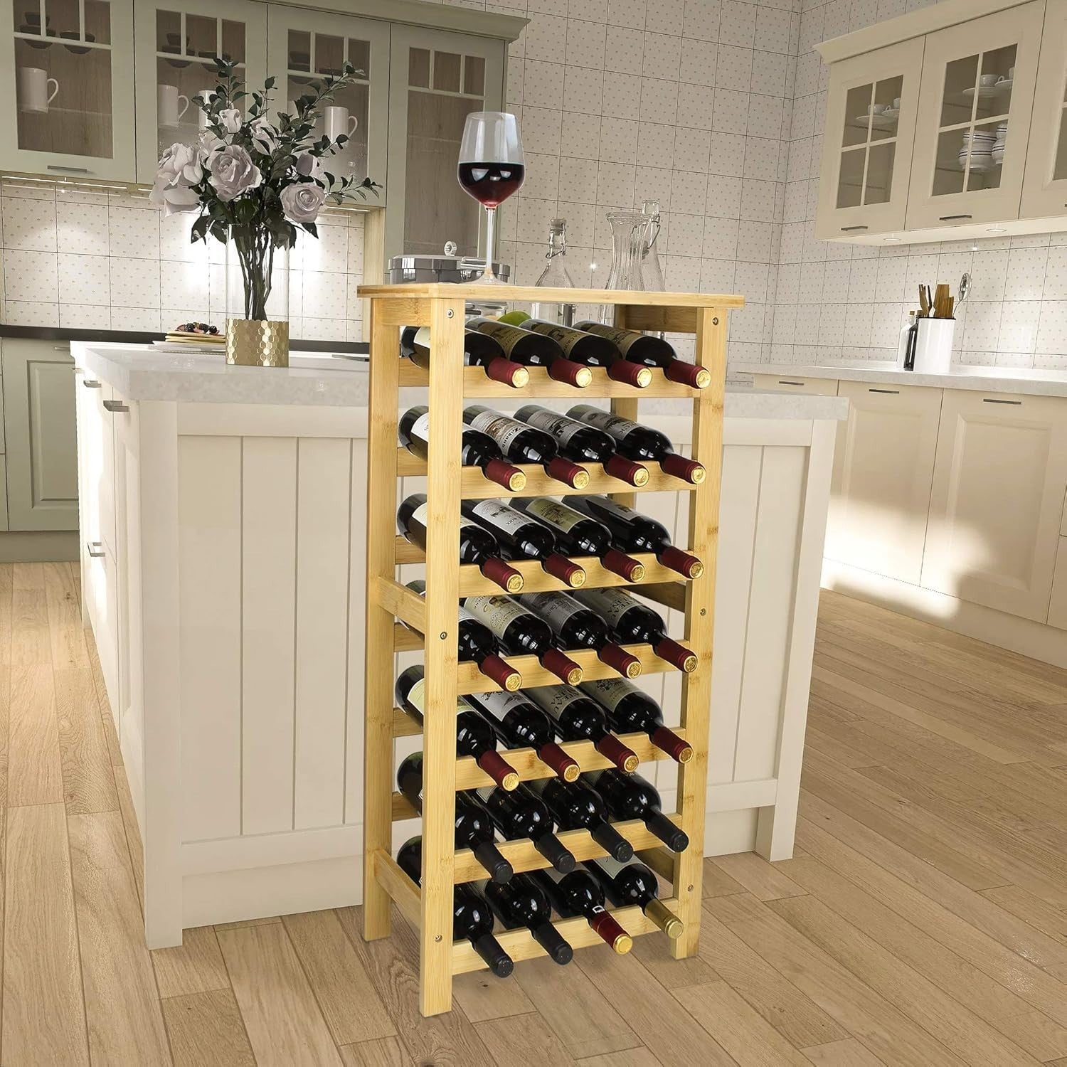 28 Bottle Bamboo Wine Rack Freestanding 7 Tier Storage Shelf with Table Top