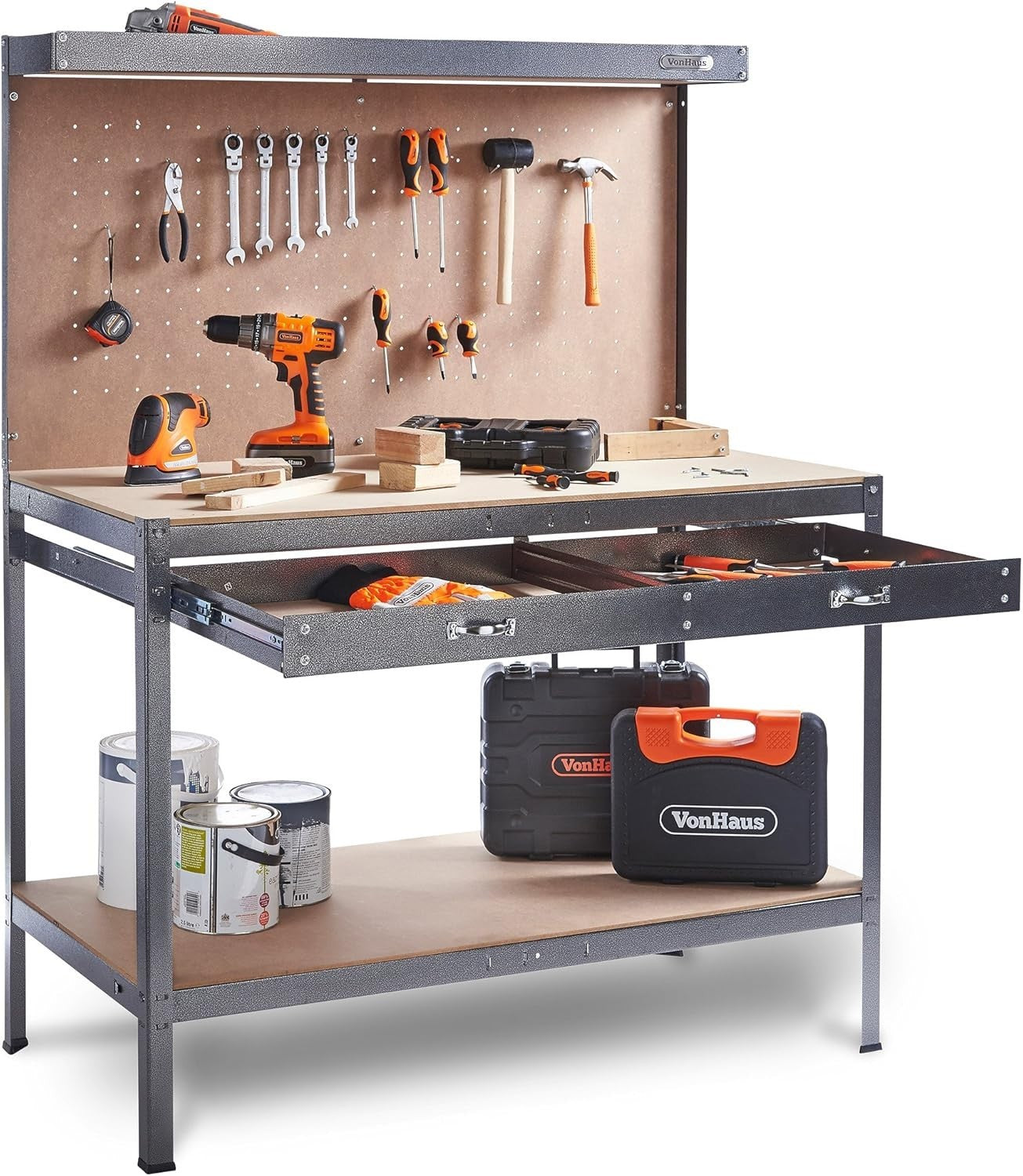 Garage Workbench with Pegboard Drawer Shelf 230kg Steel Frame 120cm Wide