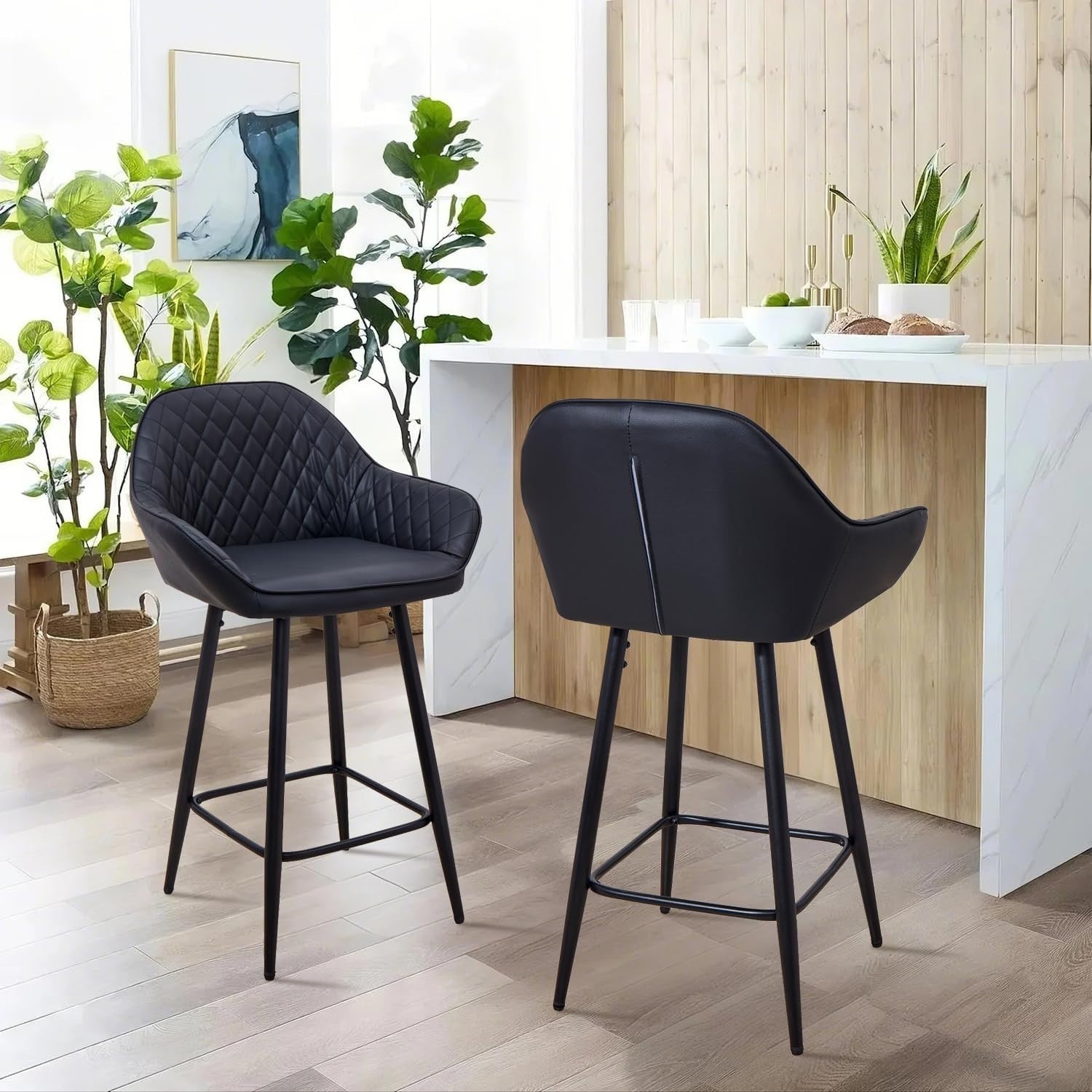Black Faux Leather Bar Stools Set of 2 | Modern Kitchen & Counter Chairs