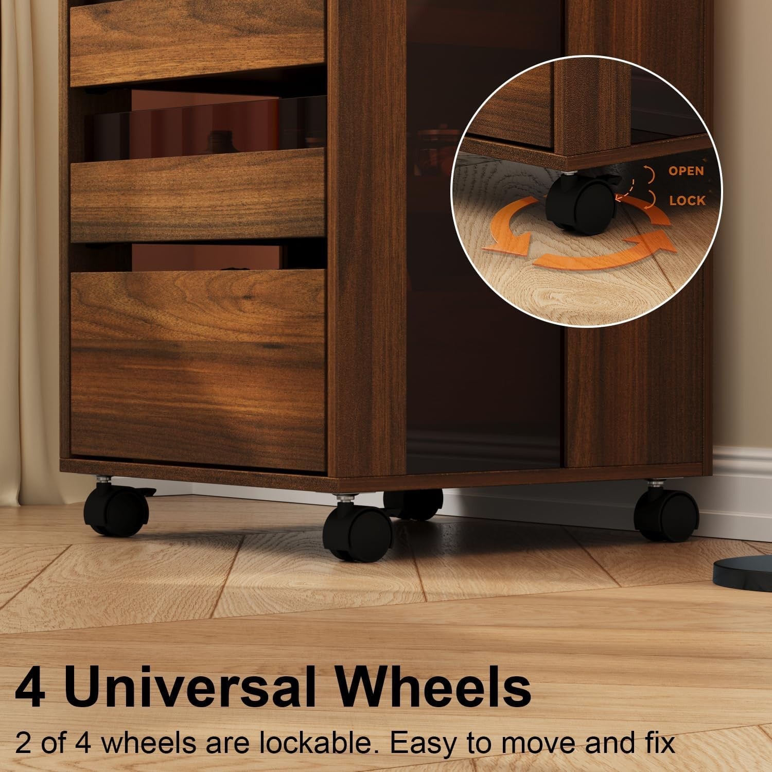 Glass Drinks Trolley on Wheels 5 Drawer Bar Cart Storage Cabinet Walnut