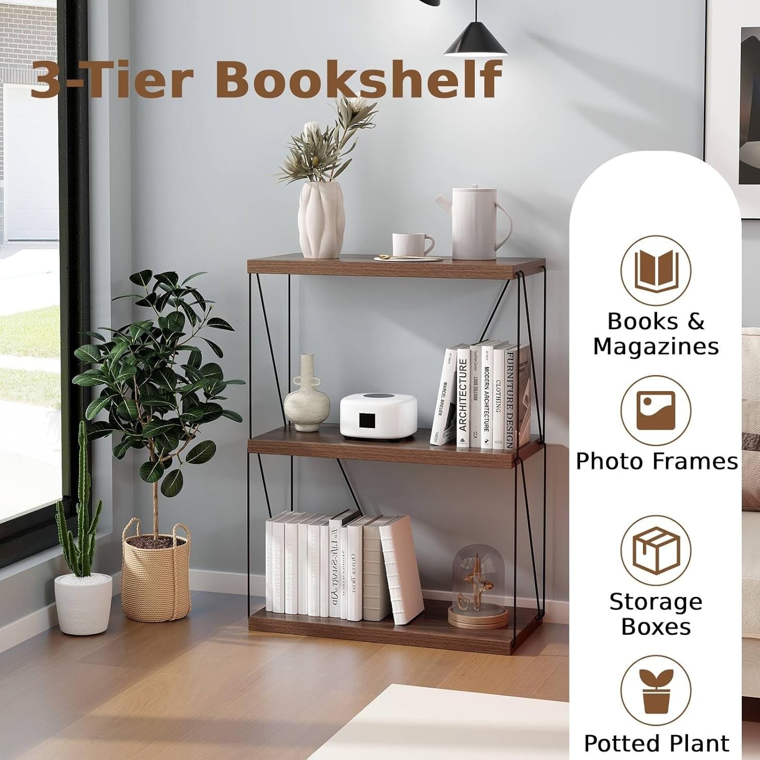 3-Tier Industrial Bookshelf Rustic Wood & Metal Display Storage Unit for Home