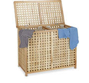 Large Double Laundry Hamper Natural Wood With 2 Linen Bags Lift-Up Lid 75L