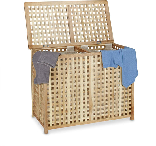 Large Double Laundry Hamper Natural Wood With 2 Linen Bags Lift-Up Lid 75L