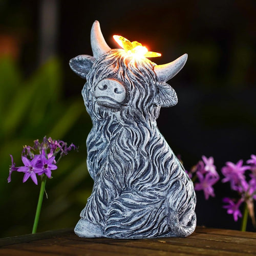 Solar Highland Cow Garden Ornament Grey Resin Statue with Butterfly Light Decor