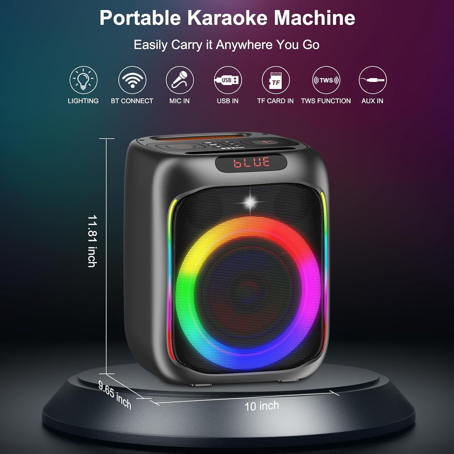 80W Portable Bluetooth Karaoke Machine 2 Wireless Mics LED Lights