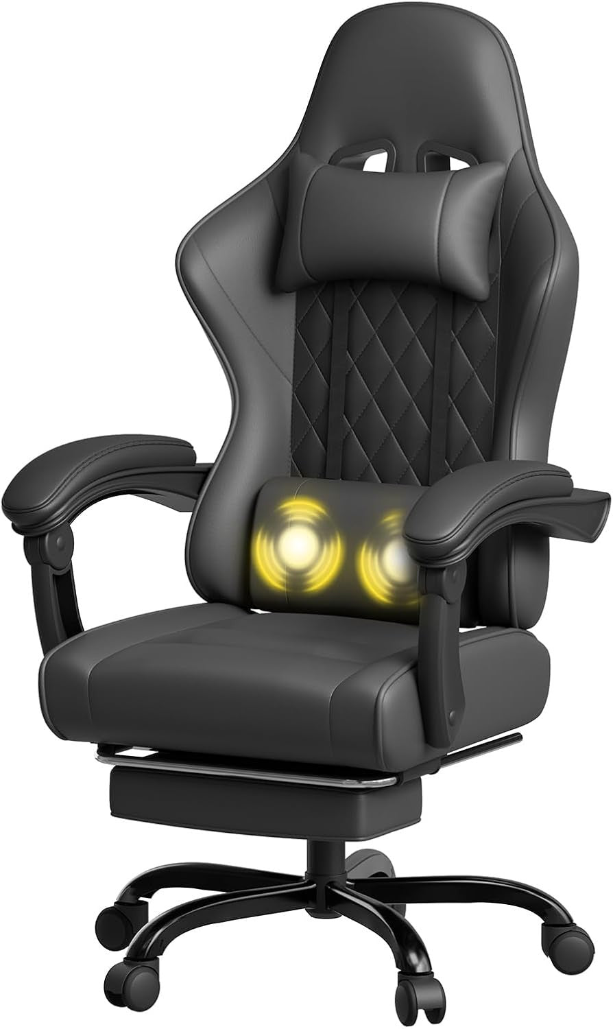 Gaming Chair with Massage Lumbar Recliner Footrest 150kg Black