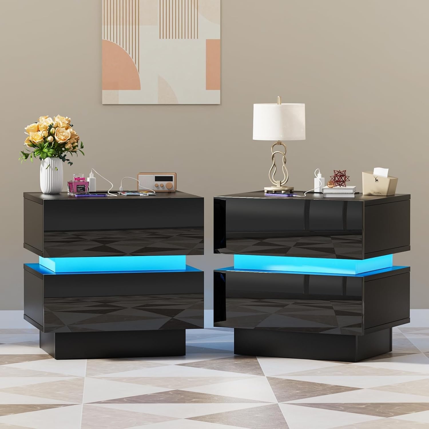 LED Bedside Table with Charging Station 2-Drawer Modern Nightstand Storage