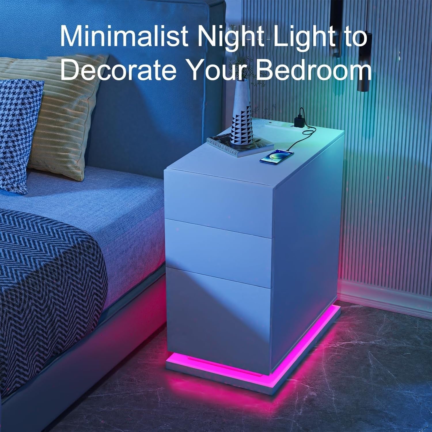 Modern LED Bedside Table with USB Charging, 3 Drawers, High Gloss Finish