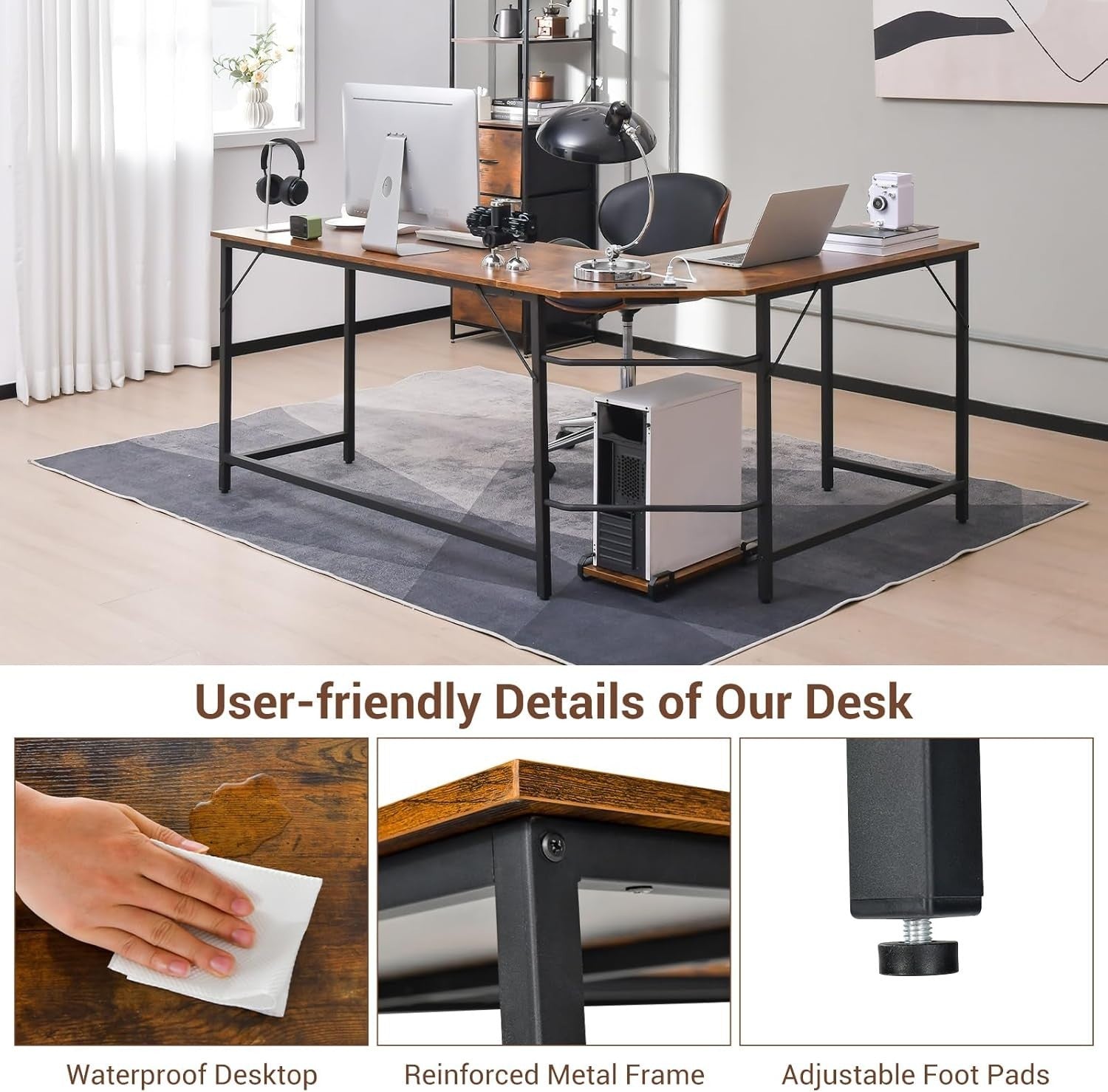 Rustic Brown L-Shaped Desk 168cm Corner Computer Table with CPU Stand
