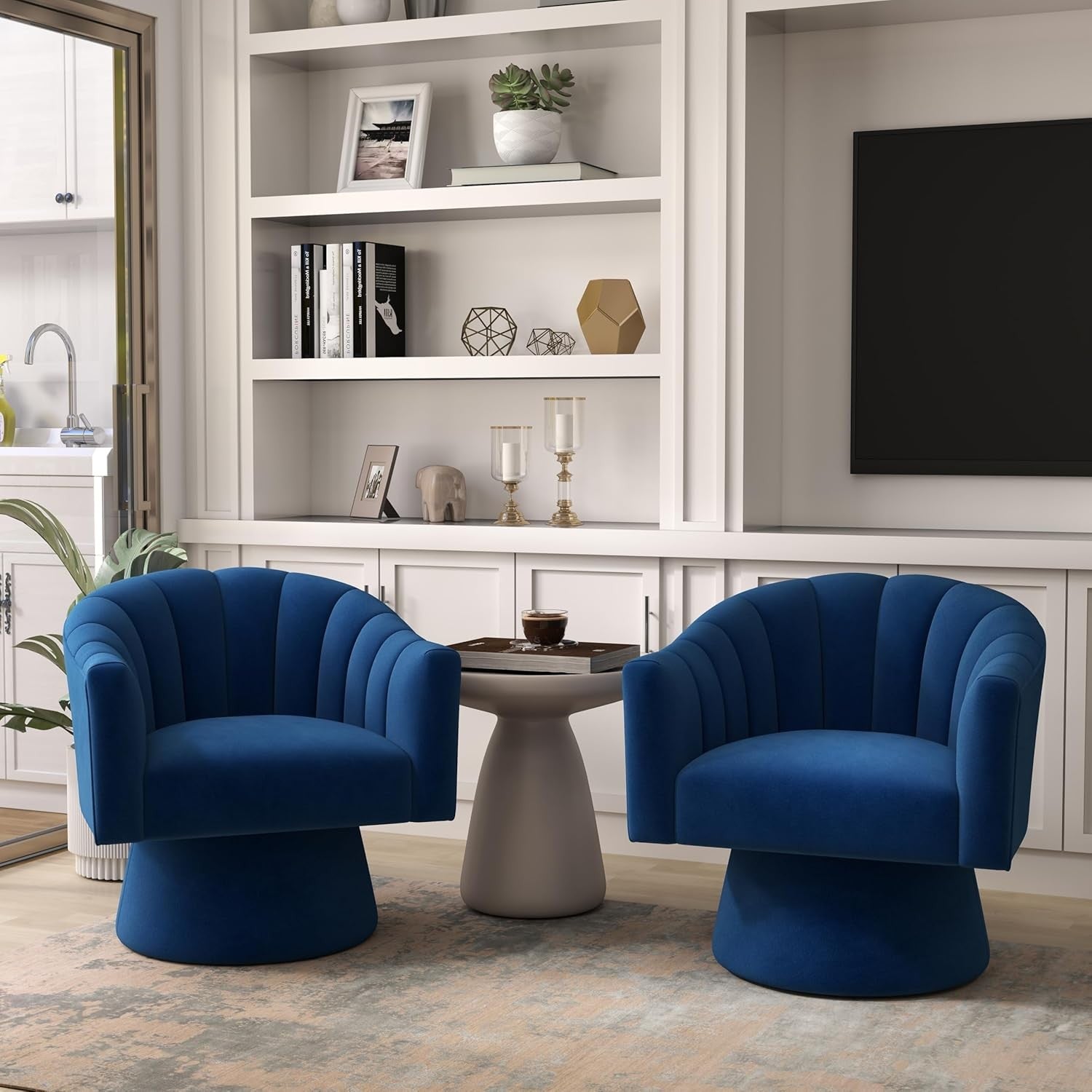 Navy Blue Velvet Swivel Accent Chair 360° Barrel Lounge Armchair