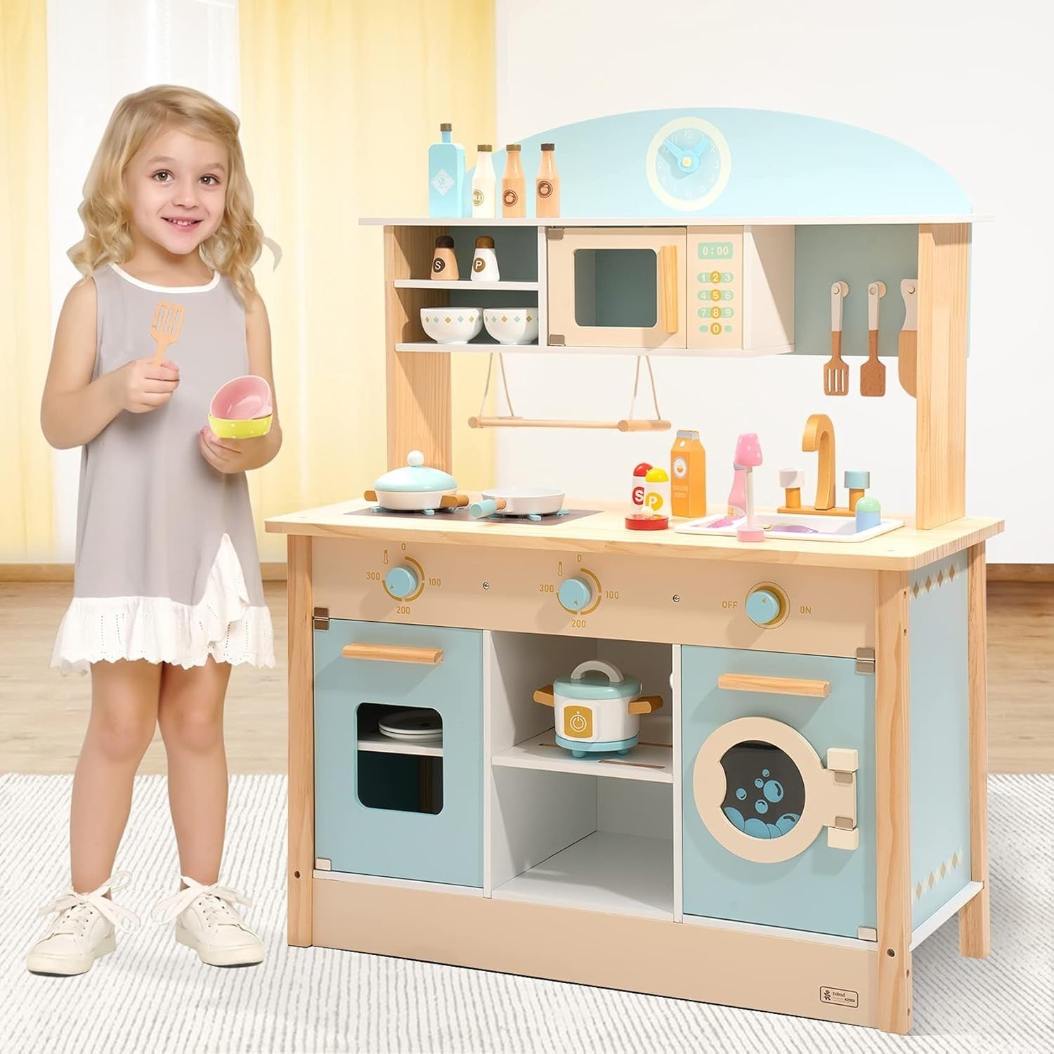 Kids Wooden Play Kitchen Set w/ Oven Microwave Blue Toy Kitchen