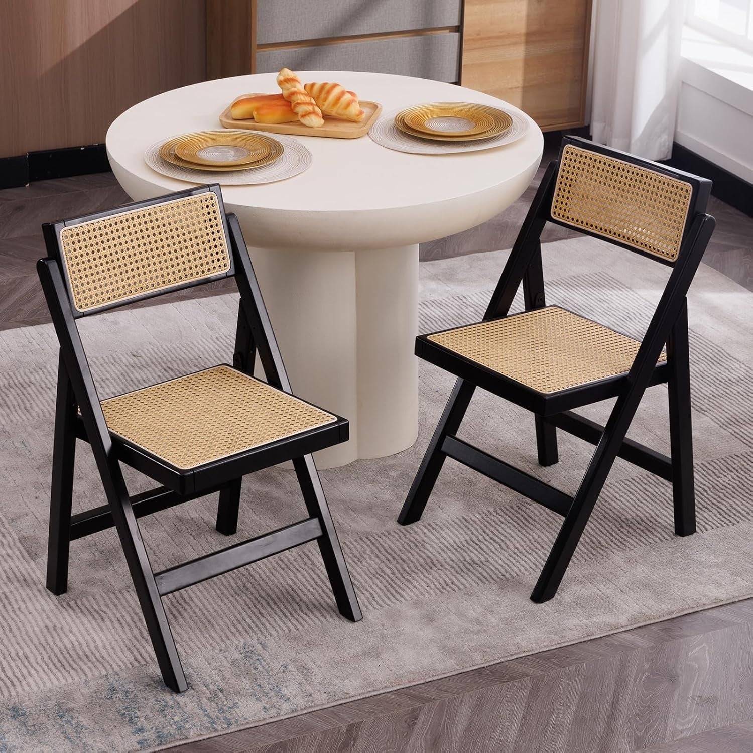 Foldable Rattan Dining Chairs Set of 2 Mid Century Space Saving Kitchen Seats
