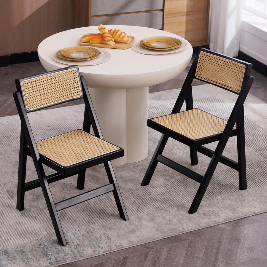 Foldable Rattan Dining Chairs Set of 2 Mid Century Space Saving Kitchen Seats