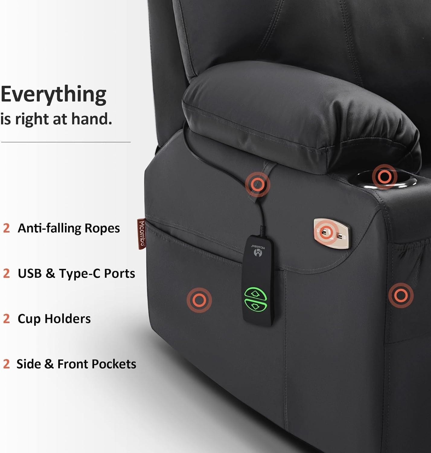 Electric Riser Recliner Chair Lift Assist Heated Massage USB Faux Leather Black