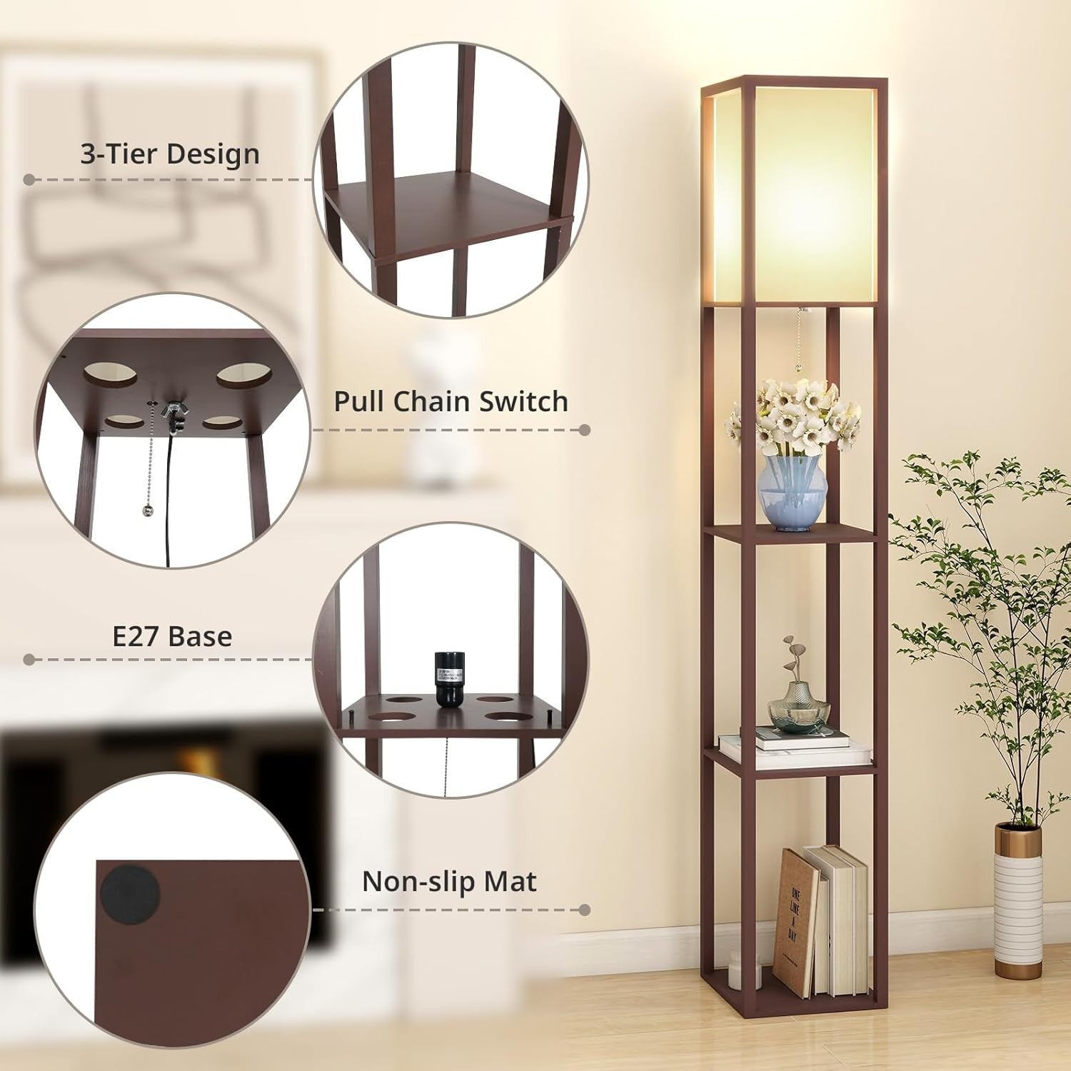 Floor Lamp with Shelves LED Bulb Included Wooden Storage Standing Light