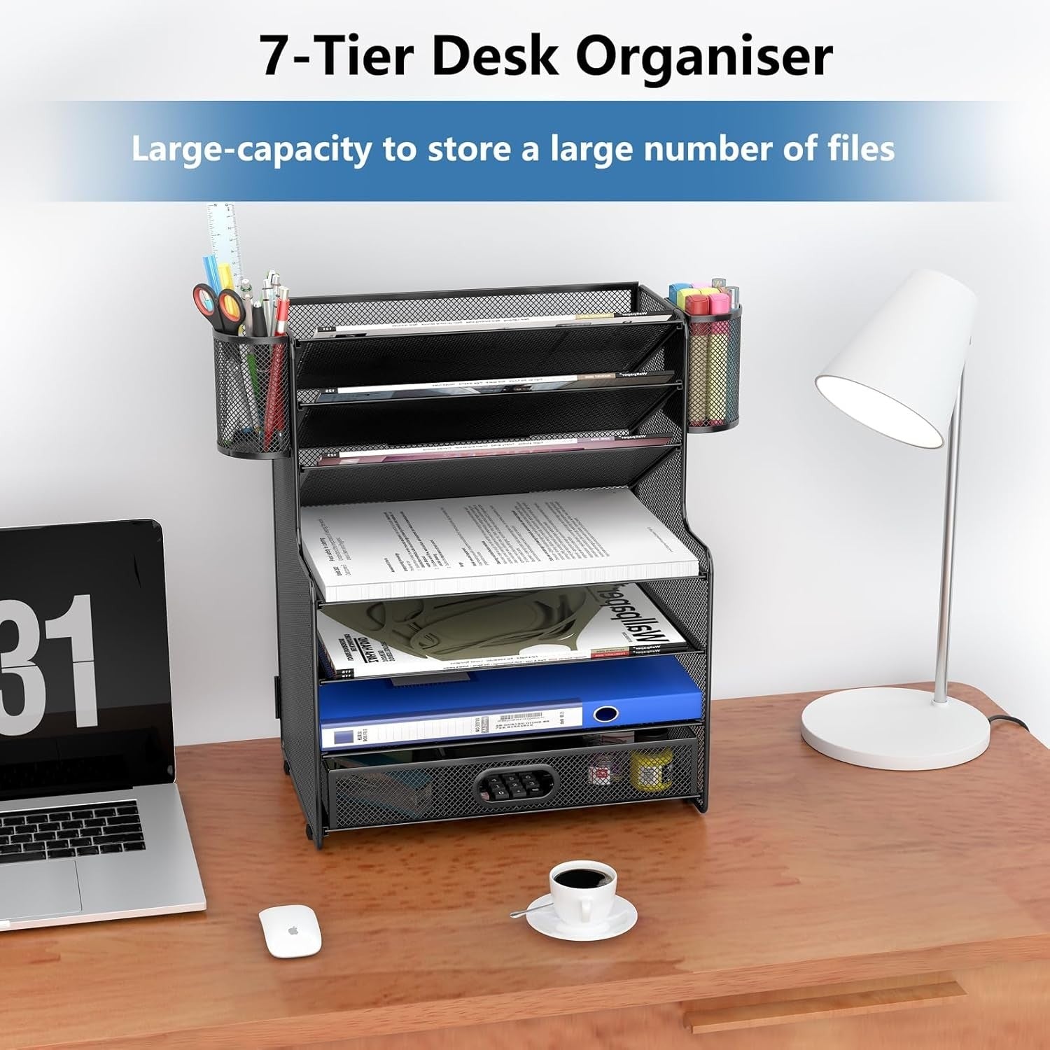 7-Tier Letter Tray Desk Organiser with Drawer, Magazine & A4 Paper Holder, Black