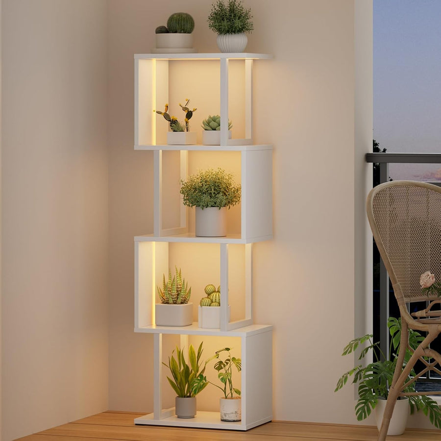 5-Tier S-Shaped Bookcase White Display Shelf with LED Lights Modern Storage Unit