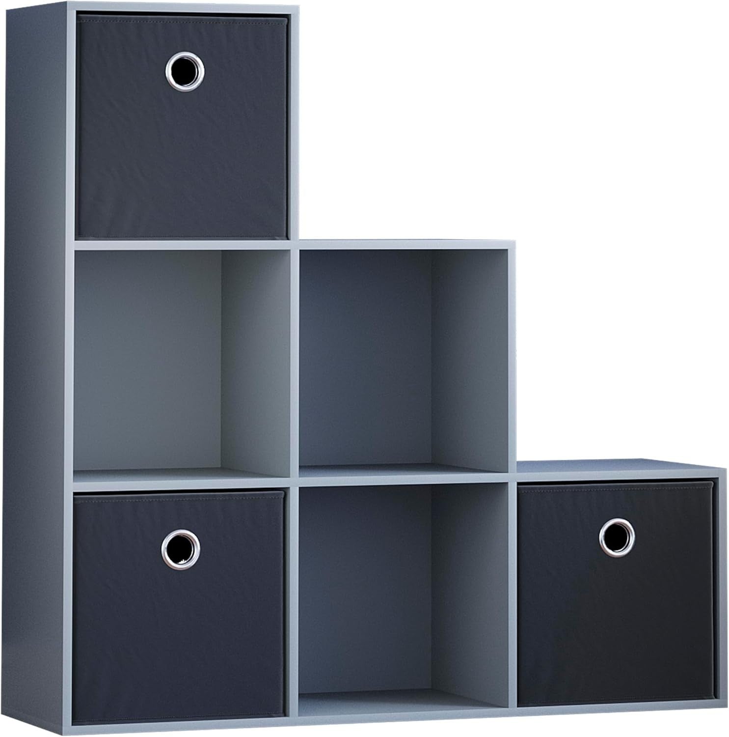 6 Cube Grey Staircase Storage Shelf with 3 Black Baskets – Modern Organiser