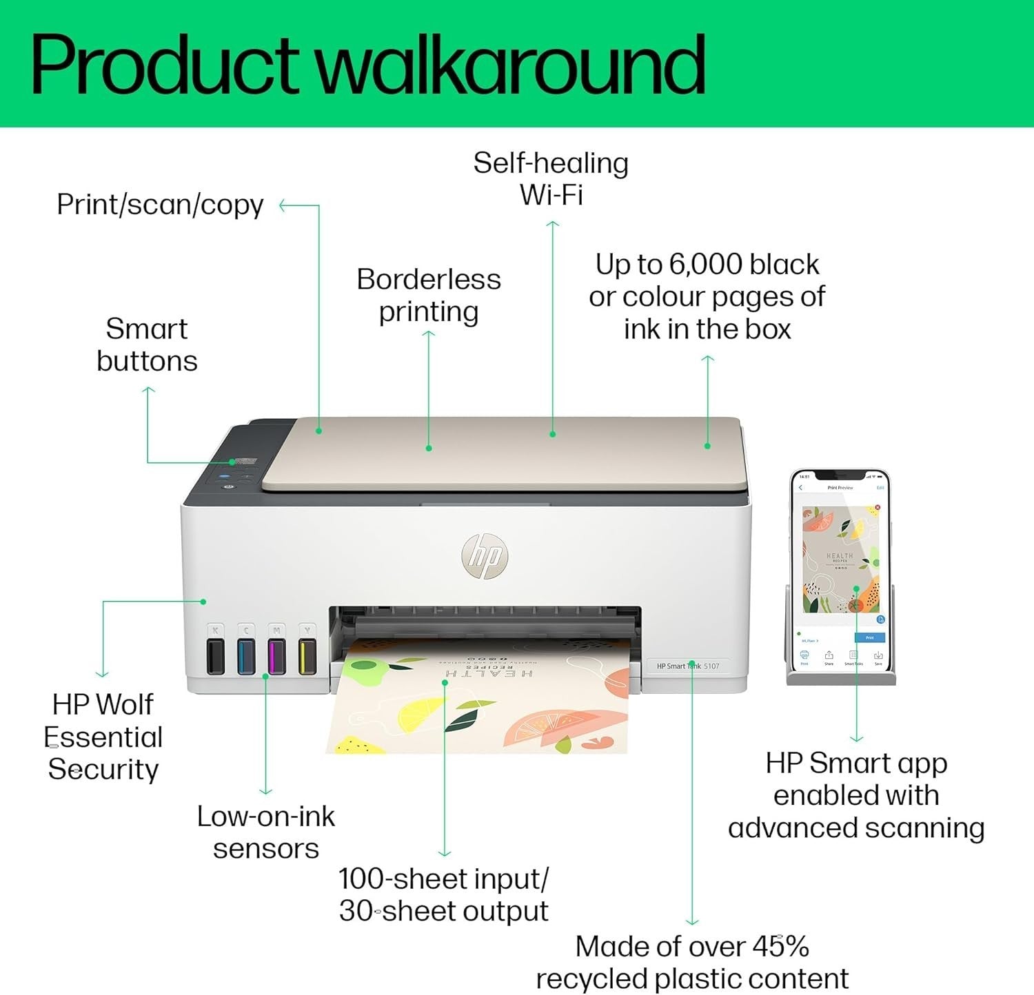 White A4 Colour Inkjet Smart Tank Printer Wireless Refillable 12ppm Compact