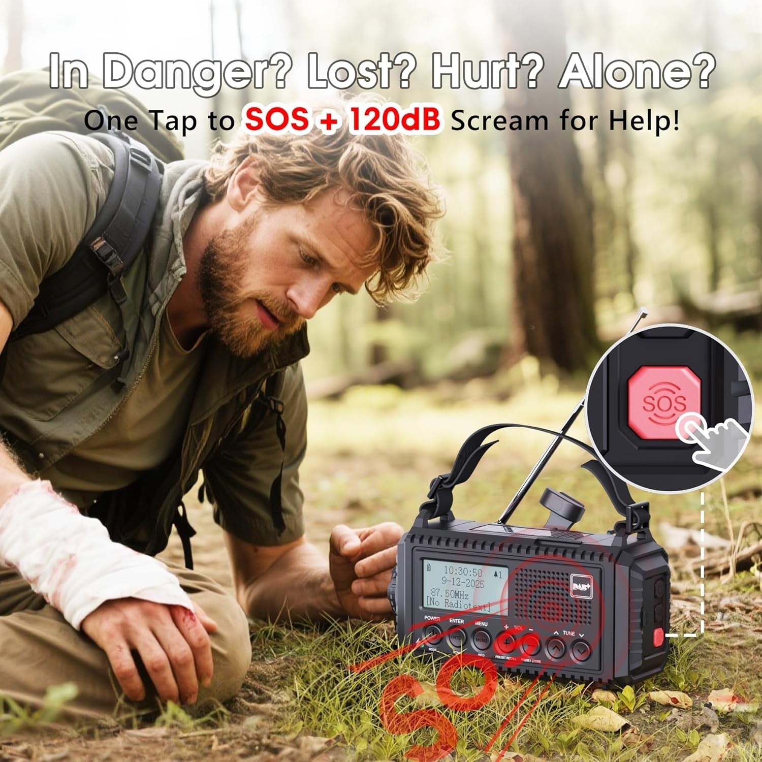 DAB+ Wind Up Solar Radio 5000mAh USB Flashlight Reading Lamp SOS
